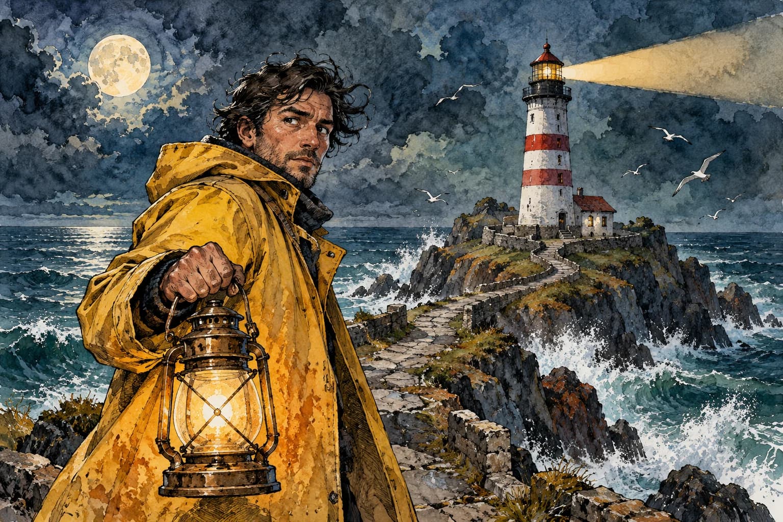 Lighthouse keeper illustrated in ink & watercolor style