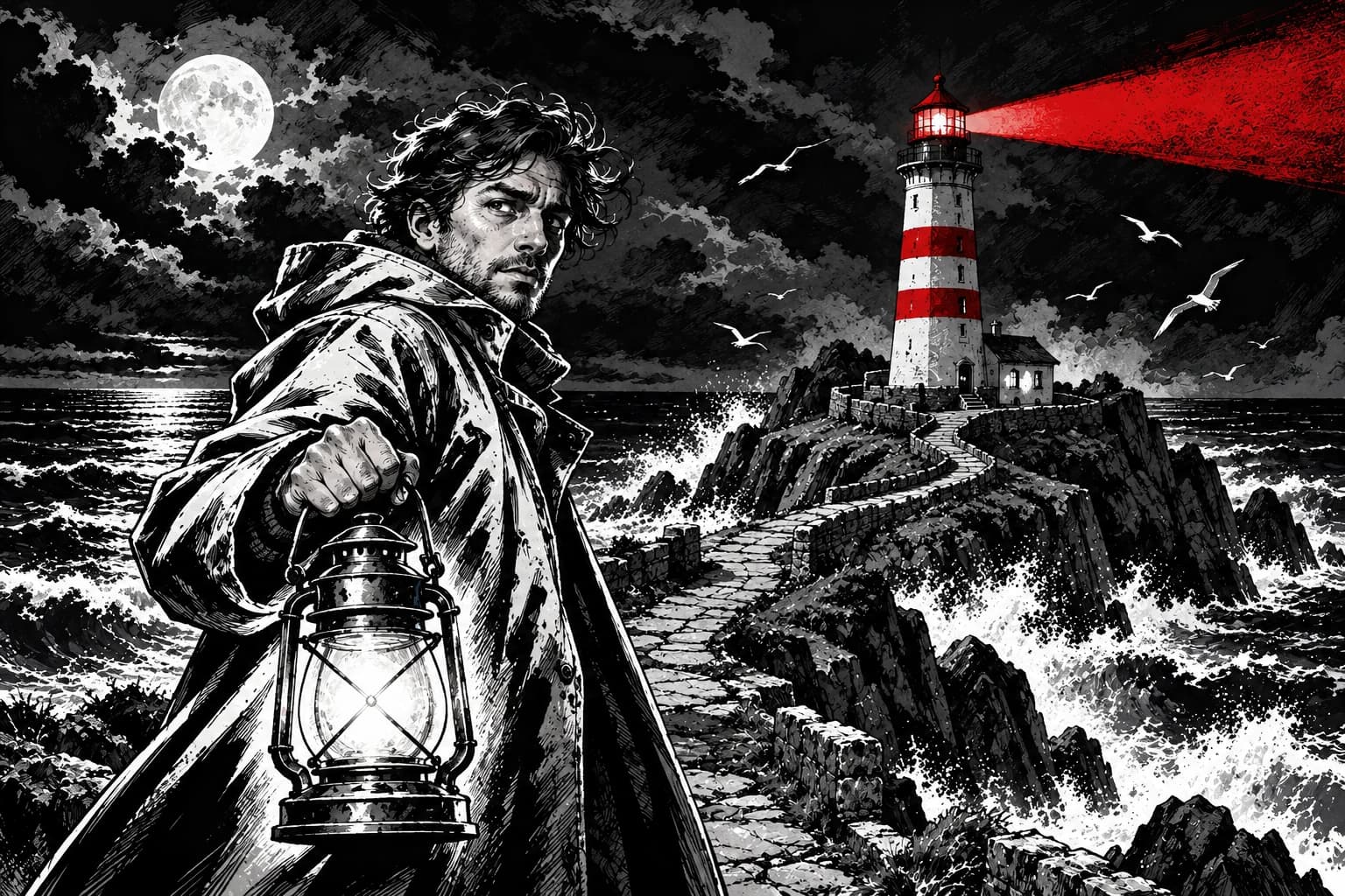Lighthouse keeper illustrated in noir style